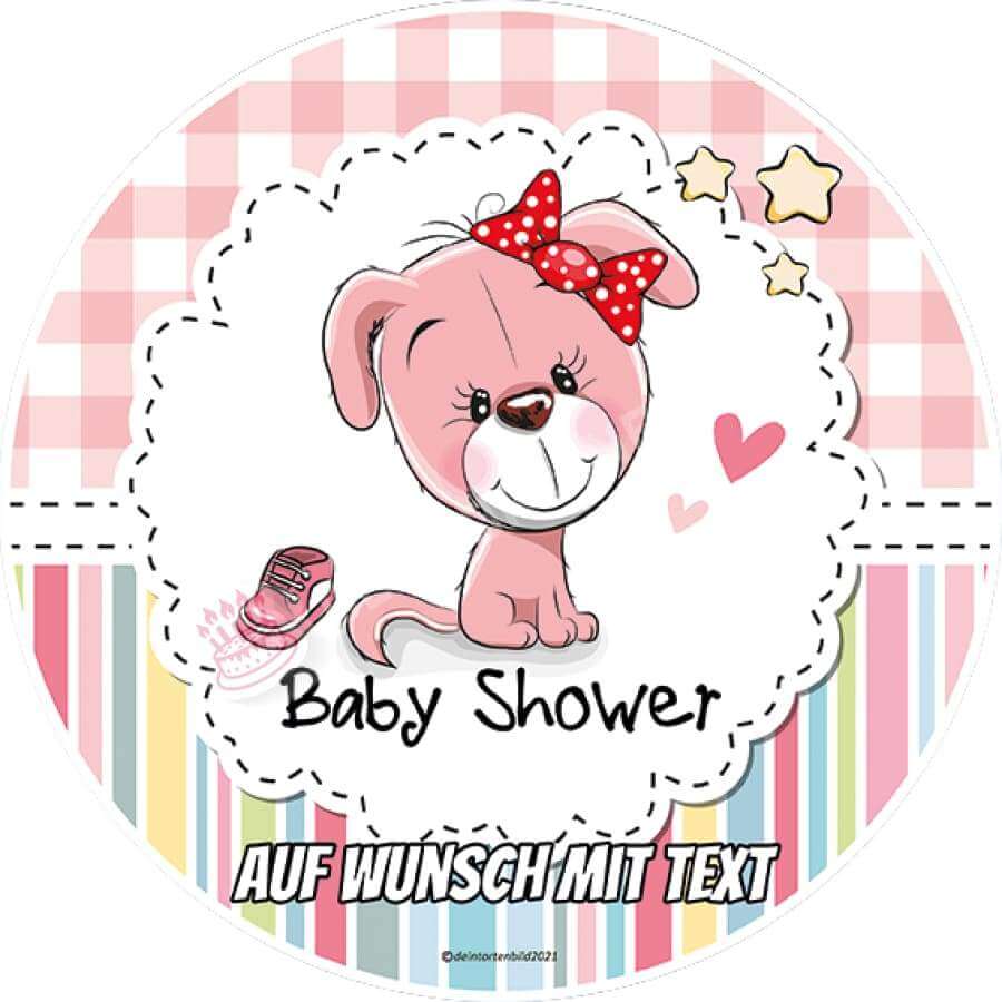 Motiv: Babyshower Hund rosa - Hochwertige und individuelle Tortenaufleger für jeden Anlass
Tortenaufleger Babyshower Hund rosa 20cm Kreis 
Dieser Tortenaufleger mit einem rosanen Hund, der eine r - Tortenbild - DeintortenbildBabyshower Hund rosa