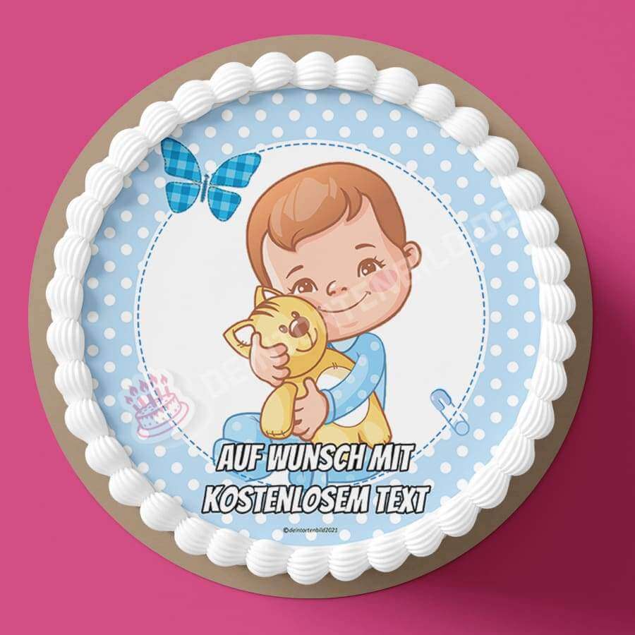 Motiv: Babyparty - Junge mit Stofftier - Hochwertige und individuelle Tortenaufleger für jeden Anlass
Tortenaufleger Babyparty - Junge mit Stofftier in 20cm Kreis 
Dieser Tortenaufleger mit einem hellblauen - Tortenbild - DeintortenbildBabyparty - Junge mit Stofftier