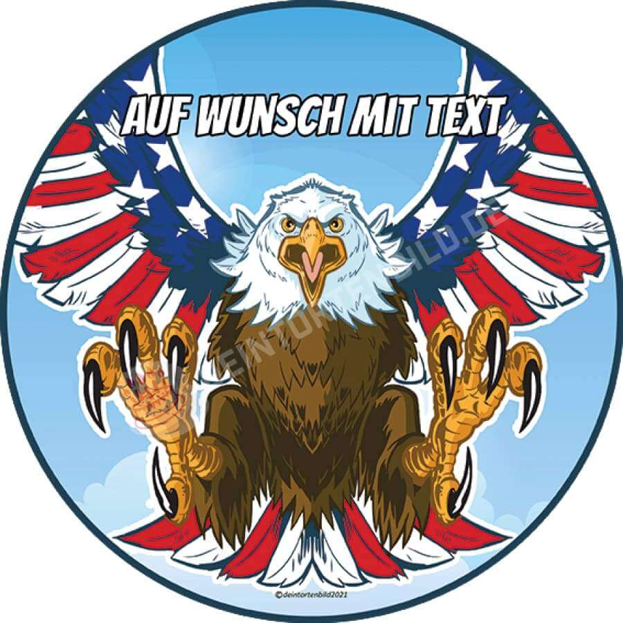 Motiv: Adler in USA Farben - Hochwertige und individuelle Tortenaufleger für jeden Anlass
Tortenaufleger Adler in USA Farben in 20cm Kreis 
Ein Aufleger mit einem fliegenden Adler in USA Farben. - Tortenbild - DeintortenbildUSA Farben