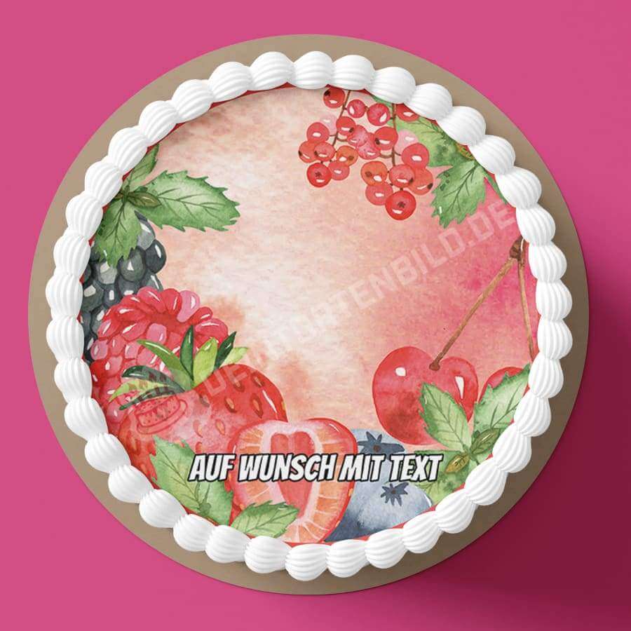 Motiv: Beeren - Hochwertige und individuelle Tortenaufleger für jeden Anlass
Tortenaufleger Beeren 20cm Kreis 
Dieser Tortenaufleger mit roten Früchten, wie zum Beispiel Erdbeeren,  - Tortenbild - DeintortenbildMotiv
