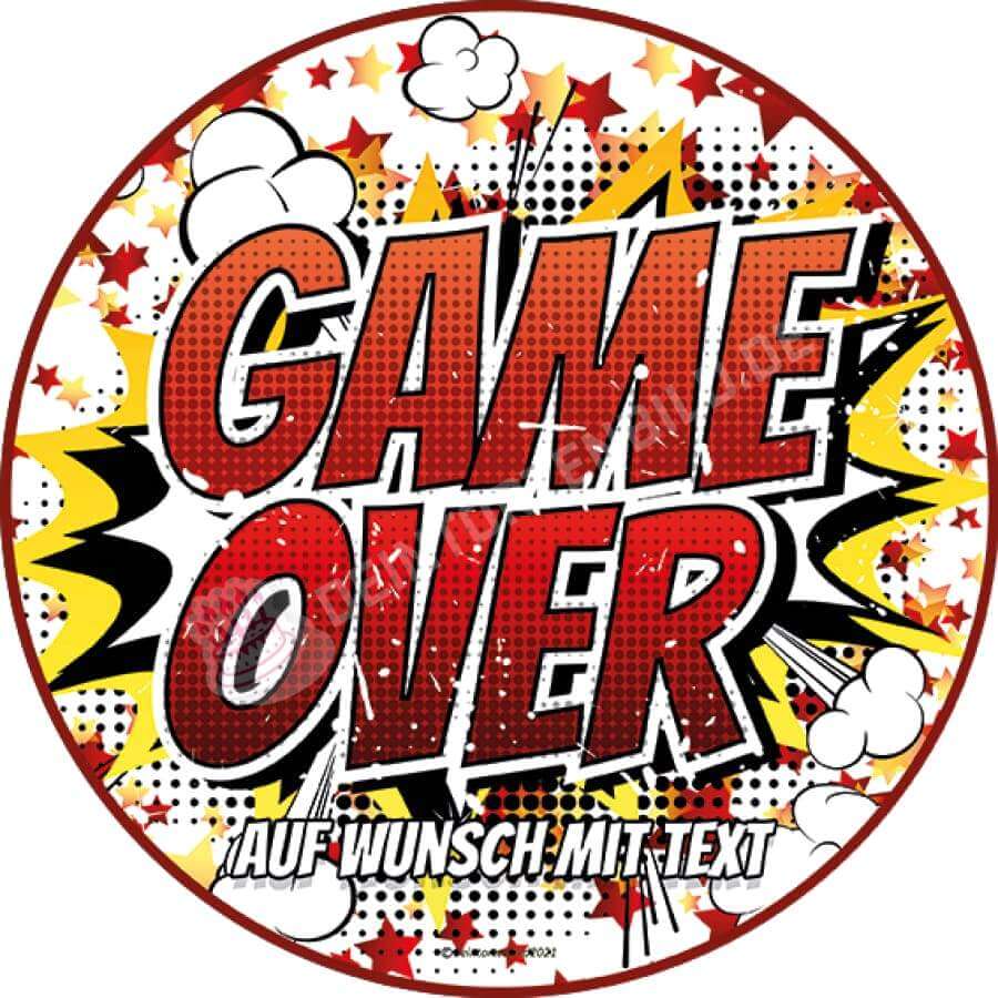 Motiv: Cartoon Schriftzug"Game Over" - Deintortenbild.de Tortenaufleger aus Esspapier: Oblatenpapier, Zuckerpapier, Fondantpapier