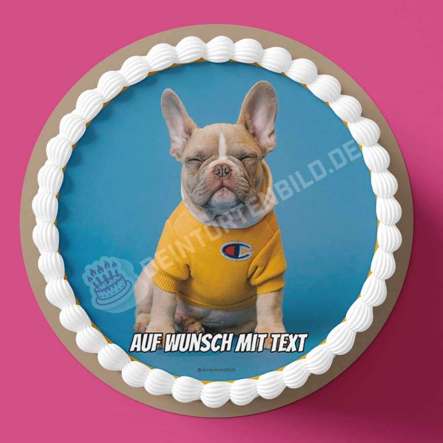 Motiv: Franz. Bulldogge im gelben Outfit - Deintortenbild.de Tortenaufleger aus Esspapier: Oblatenpapier, Zuckerpapier, Fondantpapier