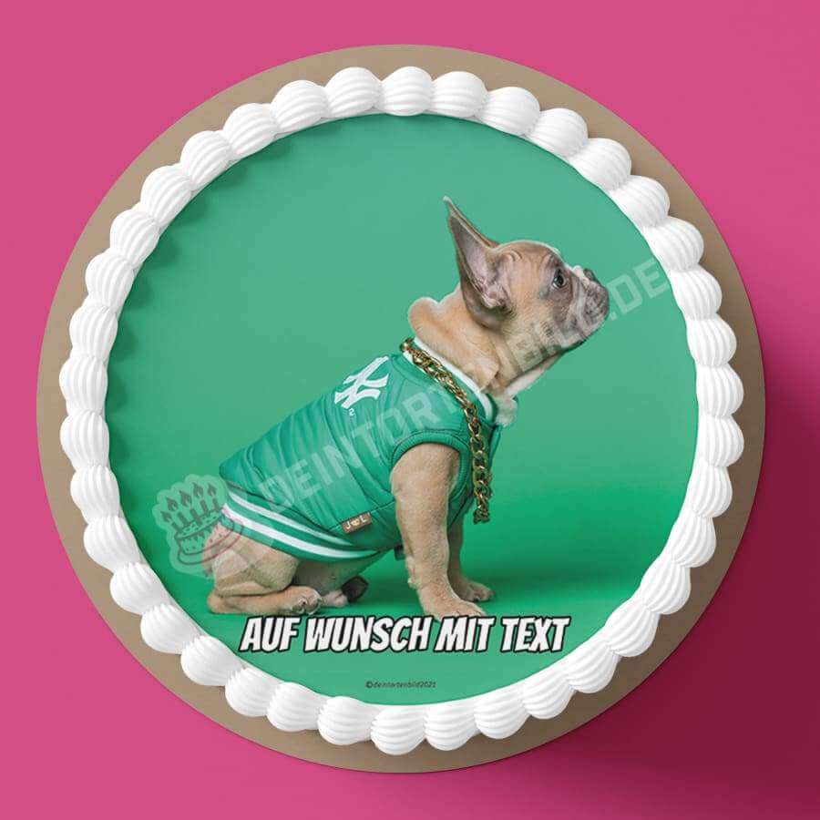 Motiv: Franz. Bulldogge im grünen Outfit - Deintortenbild.de Tortenaufleger aus Esspapier: Oblatenpapier, Zuckerpapier, Fondantpapier