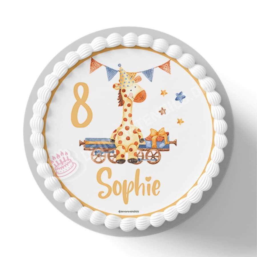 Motiv: Geburtstags Giraffe - Name und Zahl anpassbar - Deintortenbild.de Tortenaufleger aus Esspapier: Oblatenpapier, Zuckerpapier, Fondantpapier