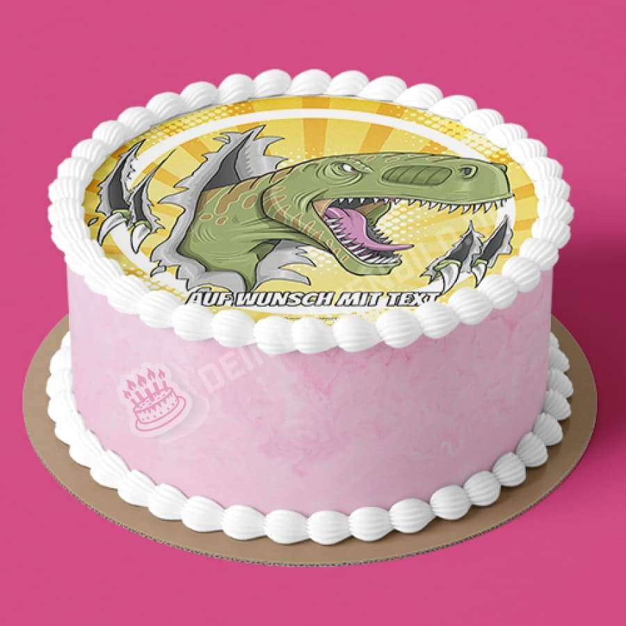 Motiv: Grüner Dino Kopf durch Papier - Deintortenbild.de Tortenaufleger aus Esspapier: Oblatenpapier, Zuckerpapier, Fondantpapier