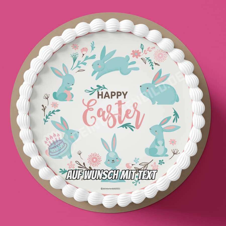 Motiv: Happy Easter - Blaue Hasen im Kreis - Deintortenbild.de Tortenaufleger aus Esspapier: Oblatenpapier, Zuckerpapier, Fondantpapier