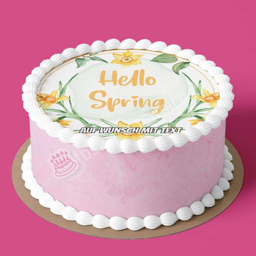 Motiv: Hello Spring - Frühlingsbeginn Narzissen - Deintortenbild.de Tortenaufleger aus Esspapier: Oblatenpapier, Zuckerpapier, Fondantpapier