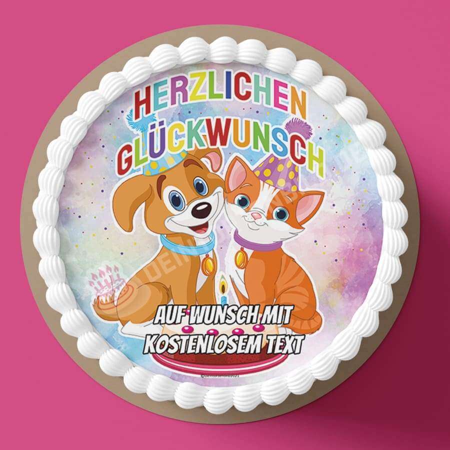 Motiv: "Herzlichen Glückwunsch" Hund & Katze - Deintortenbild.de Tortenaufleger aus Esspapier: Oblatenpapier, Zuckerpapier, Fondantpapier