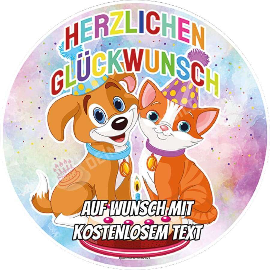 Motiv: "Herzlichen Glückwunsch" Hund & Katze - Deintortenbild.de Tortenaufleger aus Esspapier: Oblatenpapier, Zuckerpapier, Fondantpapier