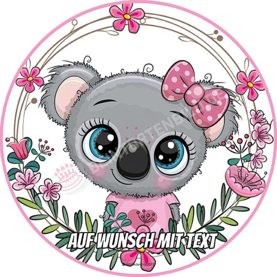 Motiv: Koala in Rosa mit Schleife - Hochwertige und individuelle Tortenaufleger für jeden Anlass
Tortenaufleger Koala in Rosa mit Schleife in 20cm Kreis 
Unsere Tortenaufleger sind ein ideales Geschenk - Tortenbild - DeintortenbildRosa mit Schleife