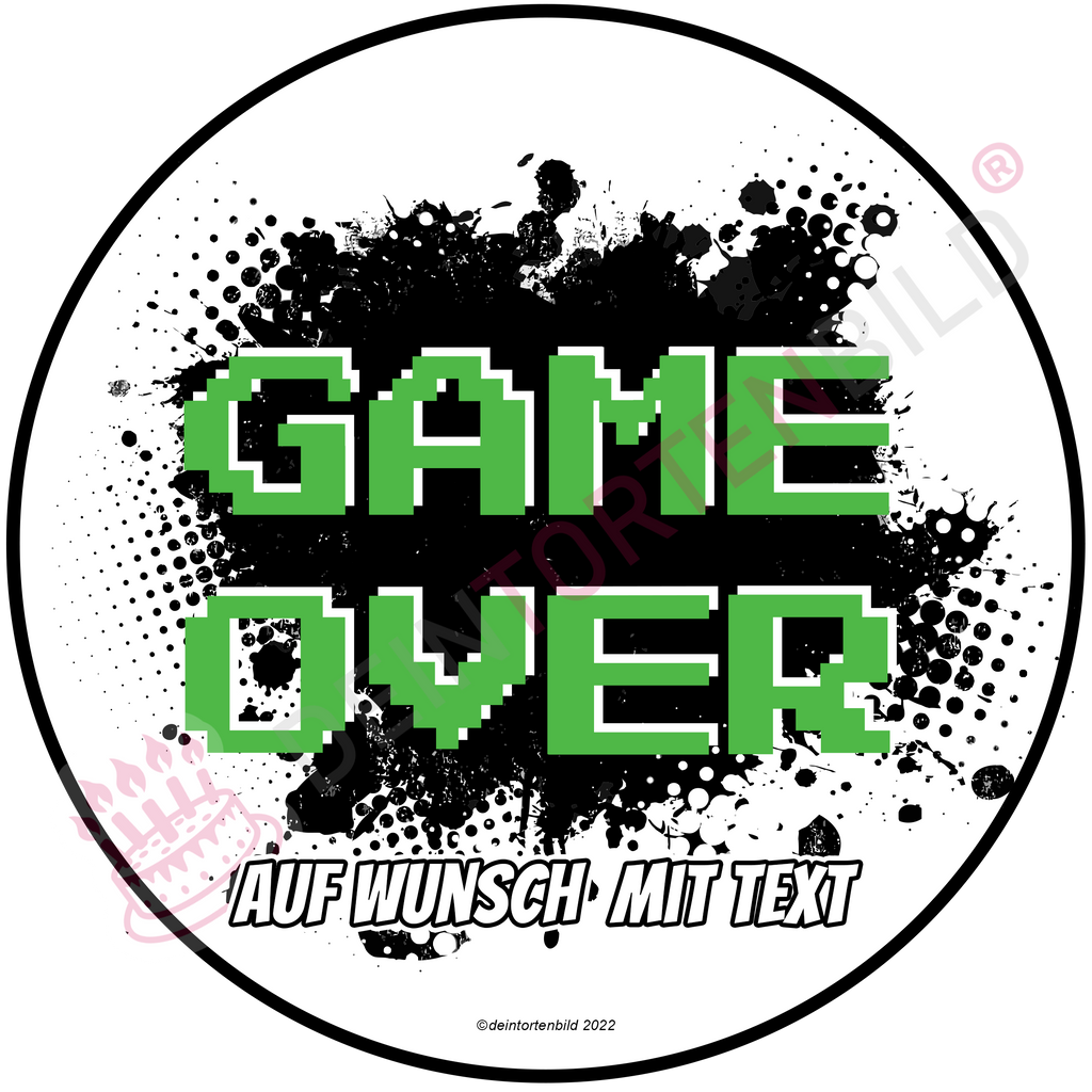 Gaming "GAME OVER" - Deintortenbild.de Tortenaufleger aus Esspapier: Oblatenpapier / Grün, Oblatenpapier / Gelb, Oblatenpapier / Blau, Oblatenpapier / Pink, Oblatenpapier / Rot, Oblatenpapier / Rot/Gelb, Zuckerpapier / Grün, Zuckerpapier / Gelb, Zuckerpapier / Blau, Zuckerpapier / Pink