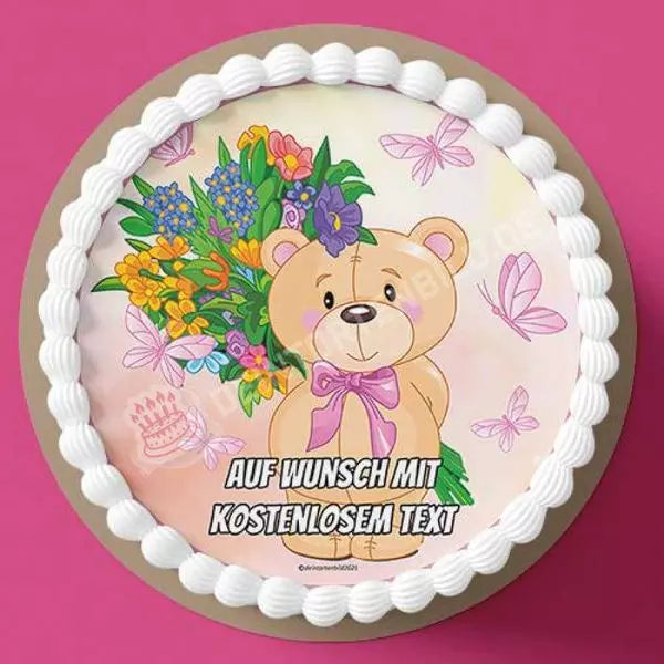 Motiv: Teddy mit Blumen - Hochwertige und individuelle Tortenaufleger für jeden Anlass
Tortenaufleger Teddy mit Blumen 20cm Kreis 
Unsere Tortenaufleger sind ein ideales Geschenk für besonder - Tortenbild - DeintortenbildTeddy mit Blumen