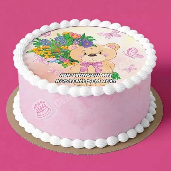 Motiv: Teddy mit Blumen - Hochwertige und individuelle Tortenaufleger für jeden Anlass
Tortenaufleger Teddy mit Blumen 20cm Kreis 
Unsere Tortenaufleger sind ein ideales Geschenk für besonder - Tortenbild - DeintortenbildTeddy mit Blumen