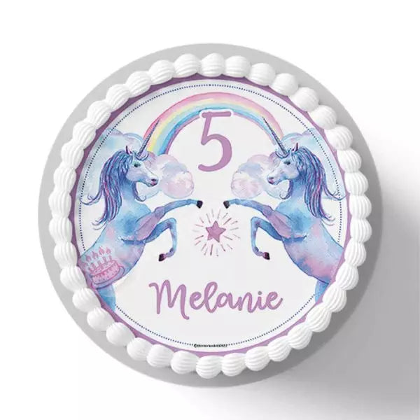 Motiv: Zwei Lila Einhörner - Name und Zahl anpassbar - Deintortenbild.de Tortenaufleger aus Esspapier: Oblatenpapier, Zuckerpapier, Fondantpapier