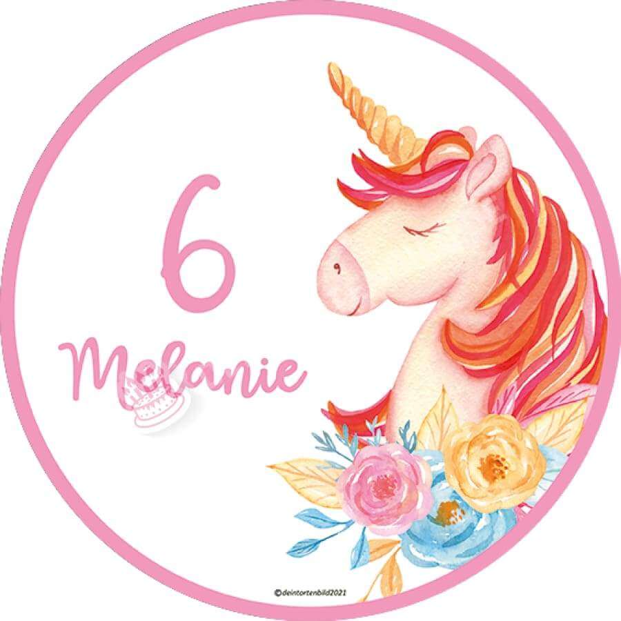 Motiv: Einhorn mit Blumen - Name und Zahl anpassbar - Deintortenbild.de Tortenaufleger aus Esspapier: Oblatenpapier, Zuckerpapier, Fondantpapier