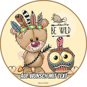 Motiv: "Be Wild" Bär und Eule - Deintortenbild.de Tortenaufleger aus Esspapier: Oblatenpapier, Zuckerpapier, Fondantpapier