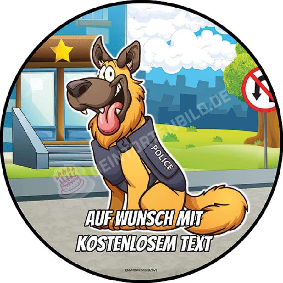 Motiv: Cartoon Polizeihund - Deintortenbild.de Tortenaufleger aus Esspapier: Oblatenpapier, Zuckerpapier, Fondantpapier