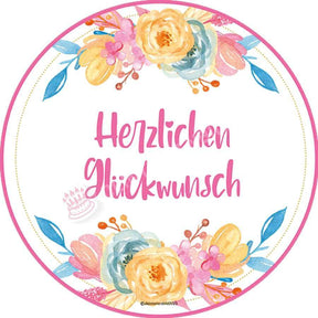 Motiv: Elegante Bunte Blumen Mit Spruch Zum Auswählen Oblatenpapier / Herzlichen Glückwunsch Pink