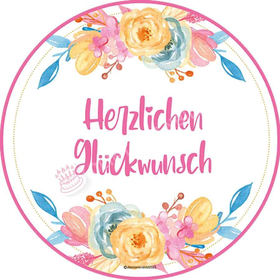 Motiv: Elegante Bunte Blumen Mit Spruch Zum Auswählen Oblatenpapier / Herzlichen Glückwunsch Pink