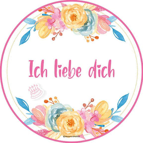 Motiv: Elegante Bunte Blumen Mit Spruch Zum Auswählen Oblatenpapier / Ich Liebe Dich Pink Tortenbild